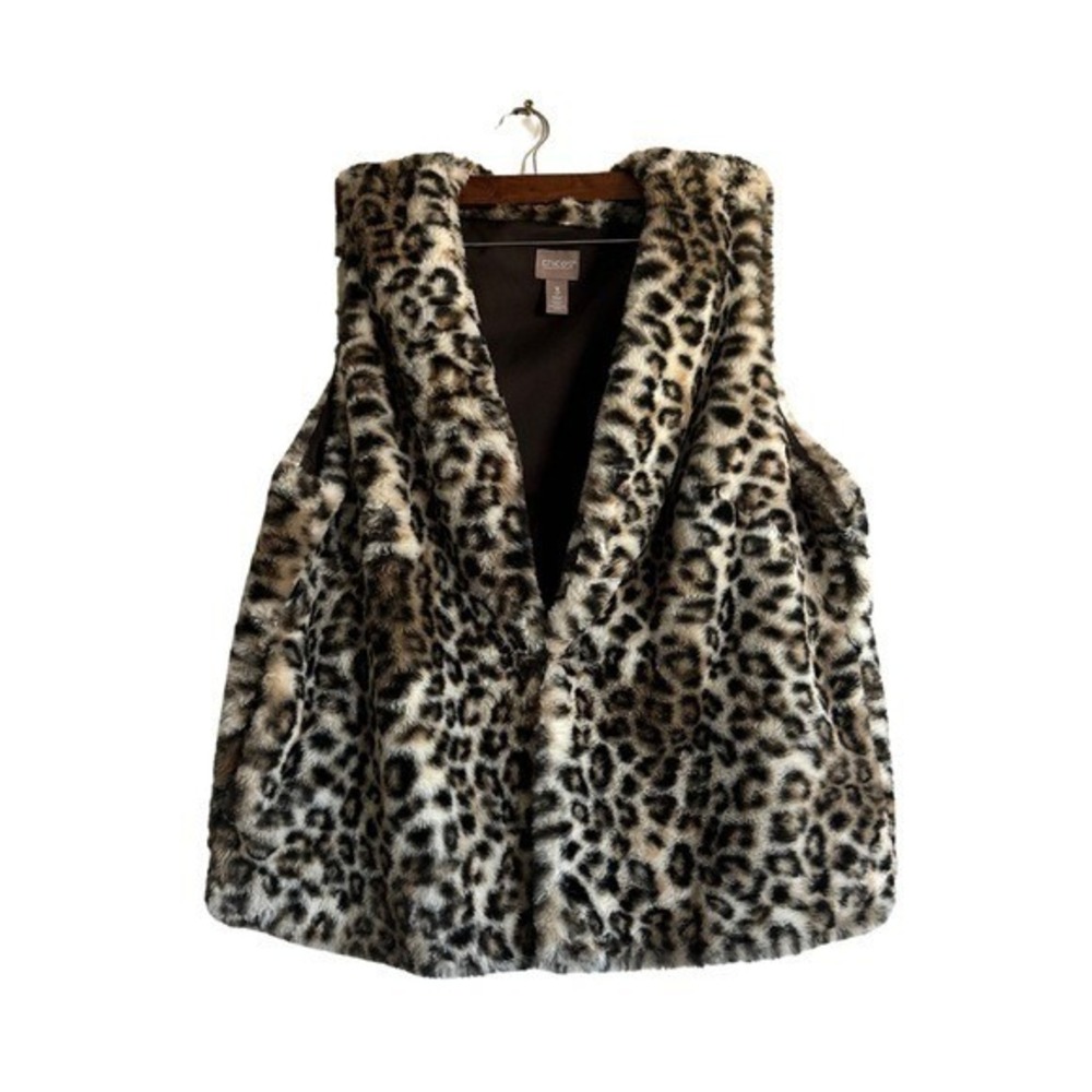 Chicos Faux Fur Leopard Print Vest XL‎ Animal Print Hook Eye Closure